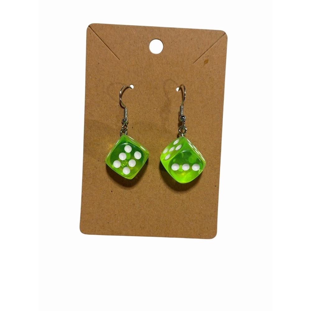 Green Translucent Dice Dangle Earrings Neon Resin Kitsch Retro Gamer Jewelry